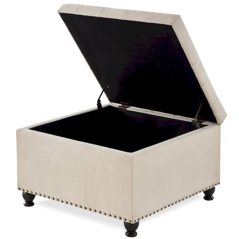 Grand pouf de rangement carré avec pieds en bois