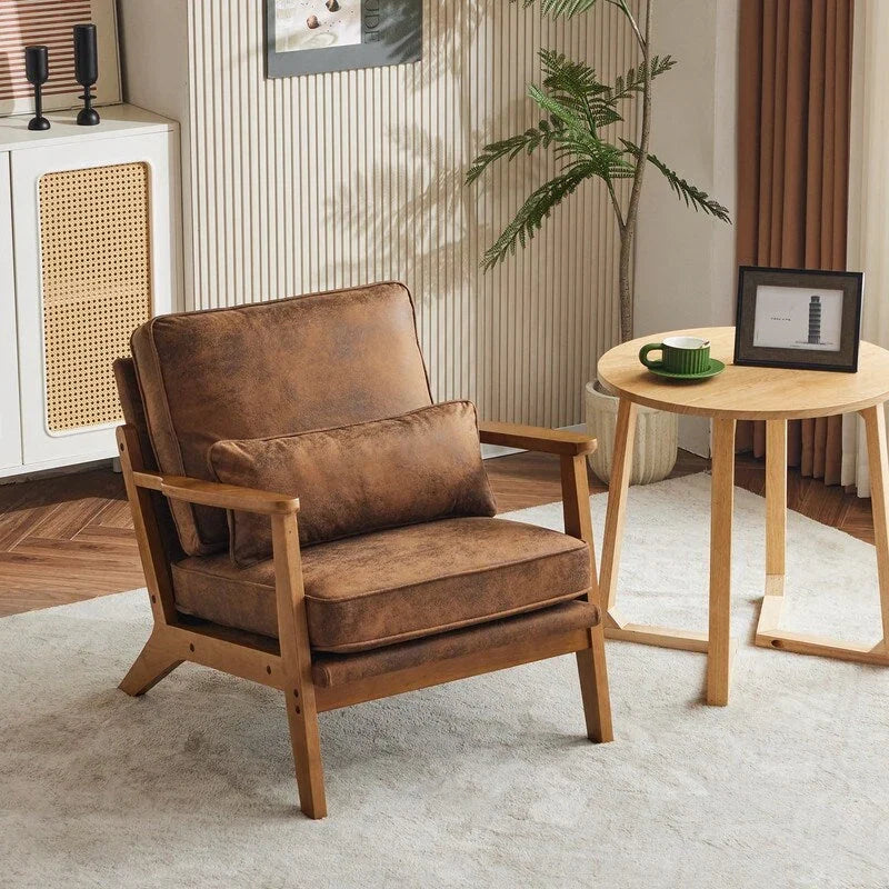 Fauteuil d'appoint rembourré en mélange de lin avec pieds en bois et un oreiller beige