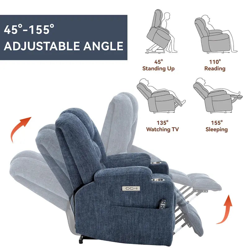 Fauteuil inclinable Power Lift avec massage et chaleur, fauteuils inclinables larges et rembourrés Lazy Boy avec ports USB, Type C et 2 porte-gobelets en acier