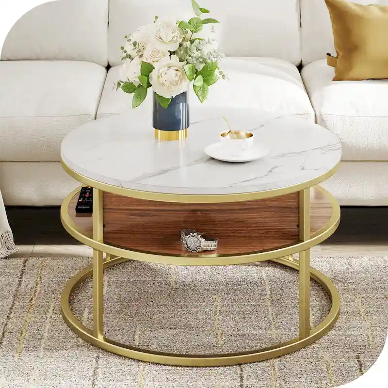 Table basse ronde relevable et extensible avec rangement dissimulé