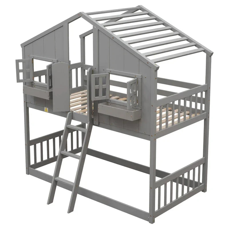 Lit superposé cabane jumeau sur jumeau avec toit, fenêtre, jardinière, porte, barrières de sécurité et échelle, gris