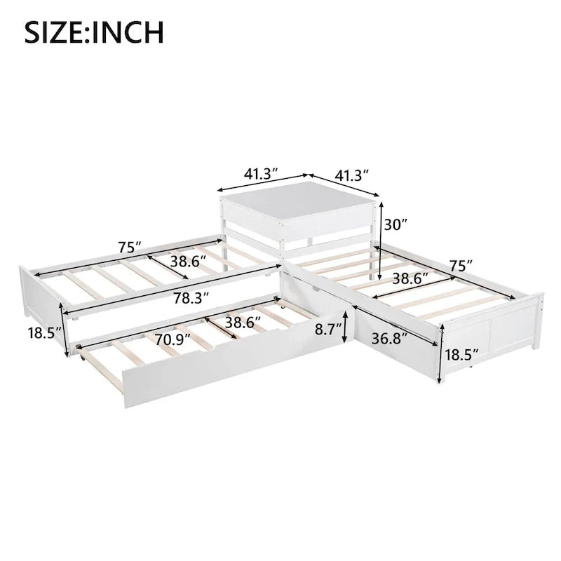 Lit plateforme en L moderne blanc de taille double avec lit gigogne et tiroirs pour chambre à coucher