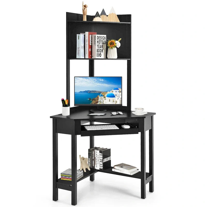 Bureau d'angle triangulaire avec huche - Étagères - Tablette clavier - Noir/Blanc