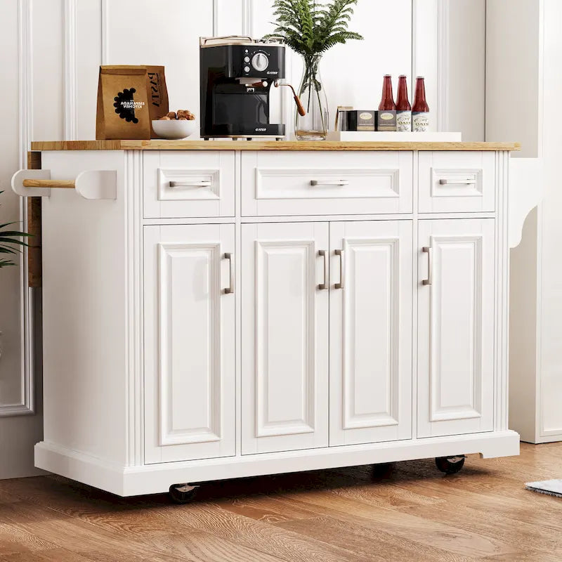 Grand îlot de cuisine avec rabat en bois, desserte de cuisine roulante texturée en relief avec portes et tiroirs avec rangement pour la cuisine, blanc