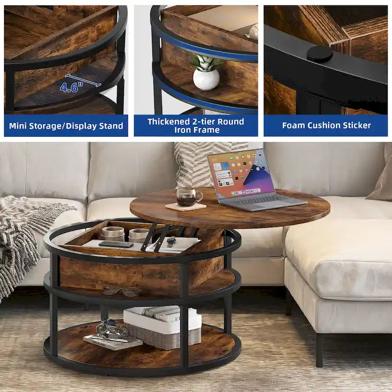 Table basse ronde relevable Moasis Farmhouse avec rangement dissimulé et étagère