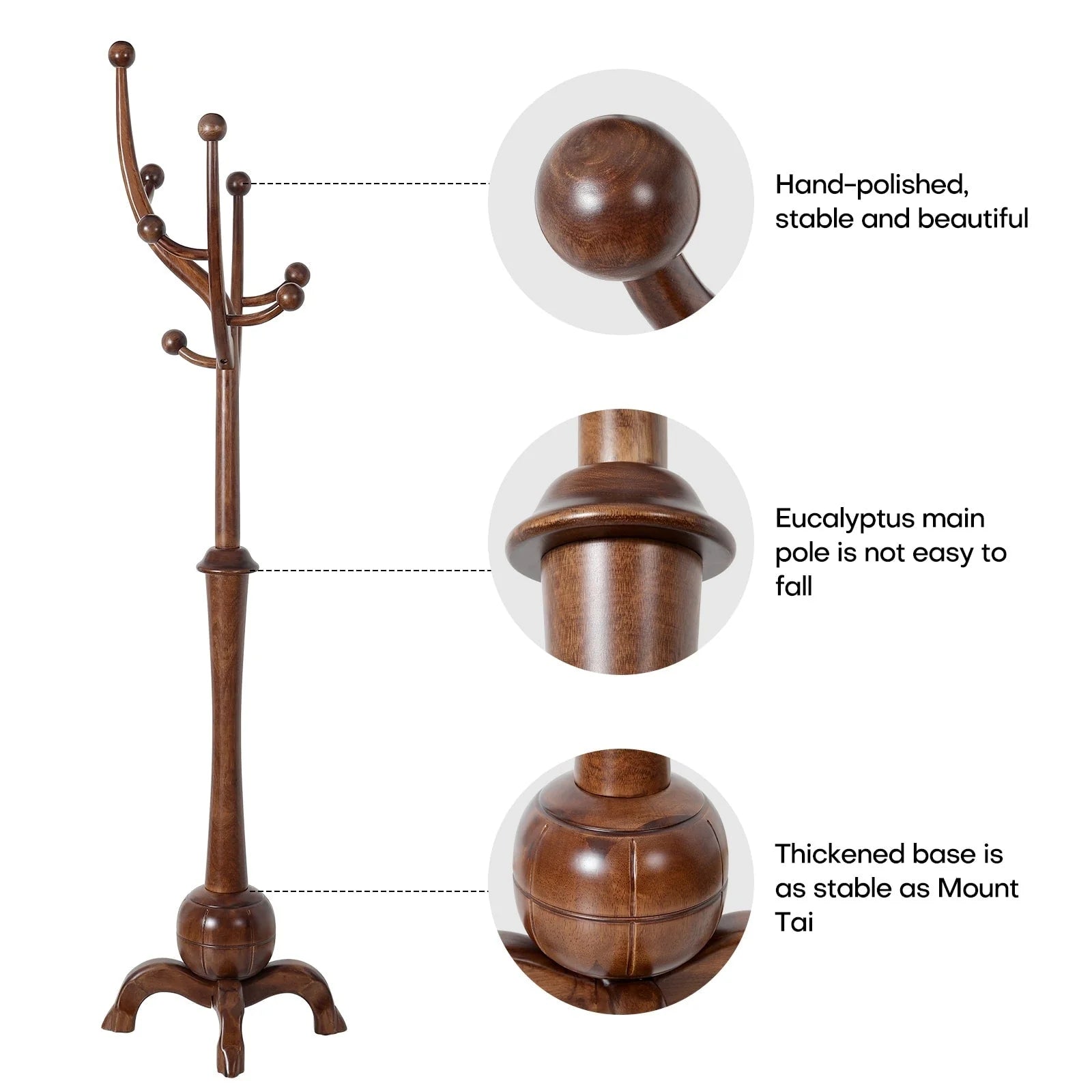 Porte-manteau sur pied en bois d'hévéa à motif de branches d'arbre avec 8 crochets - 24,5 l x 70,87 h