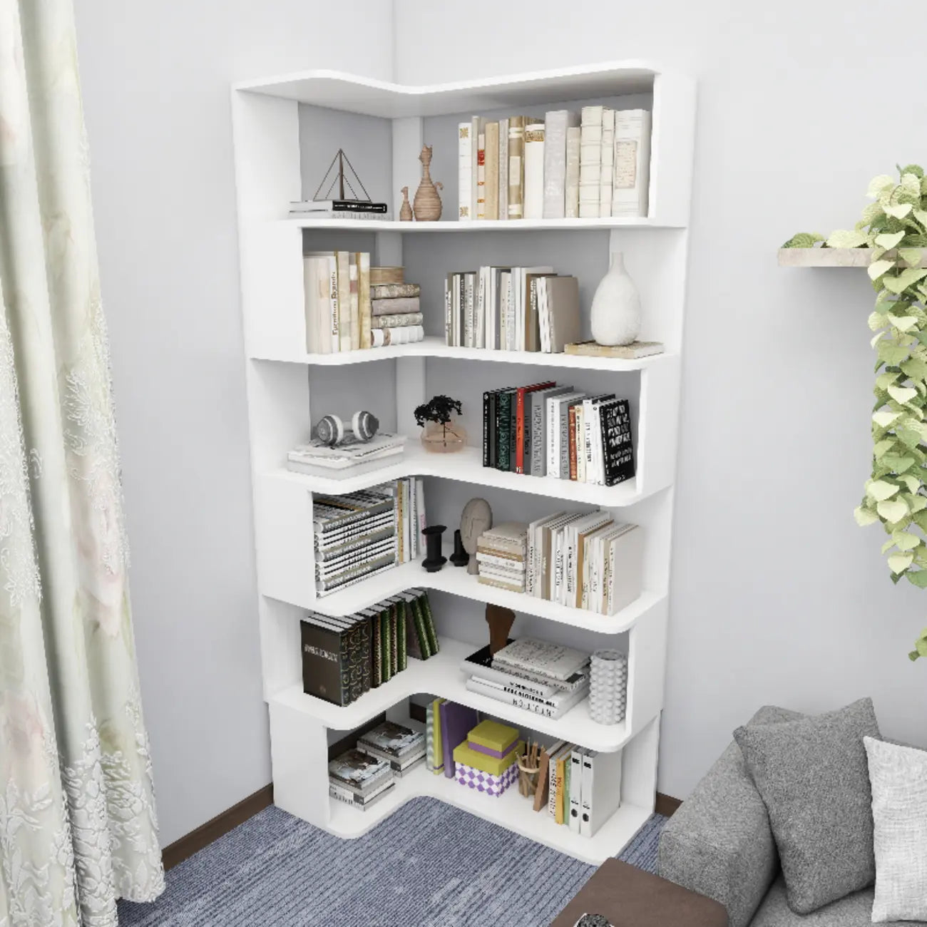 Étagère d'angle en bois manufacturé à 6 tablettes