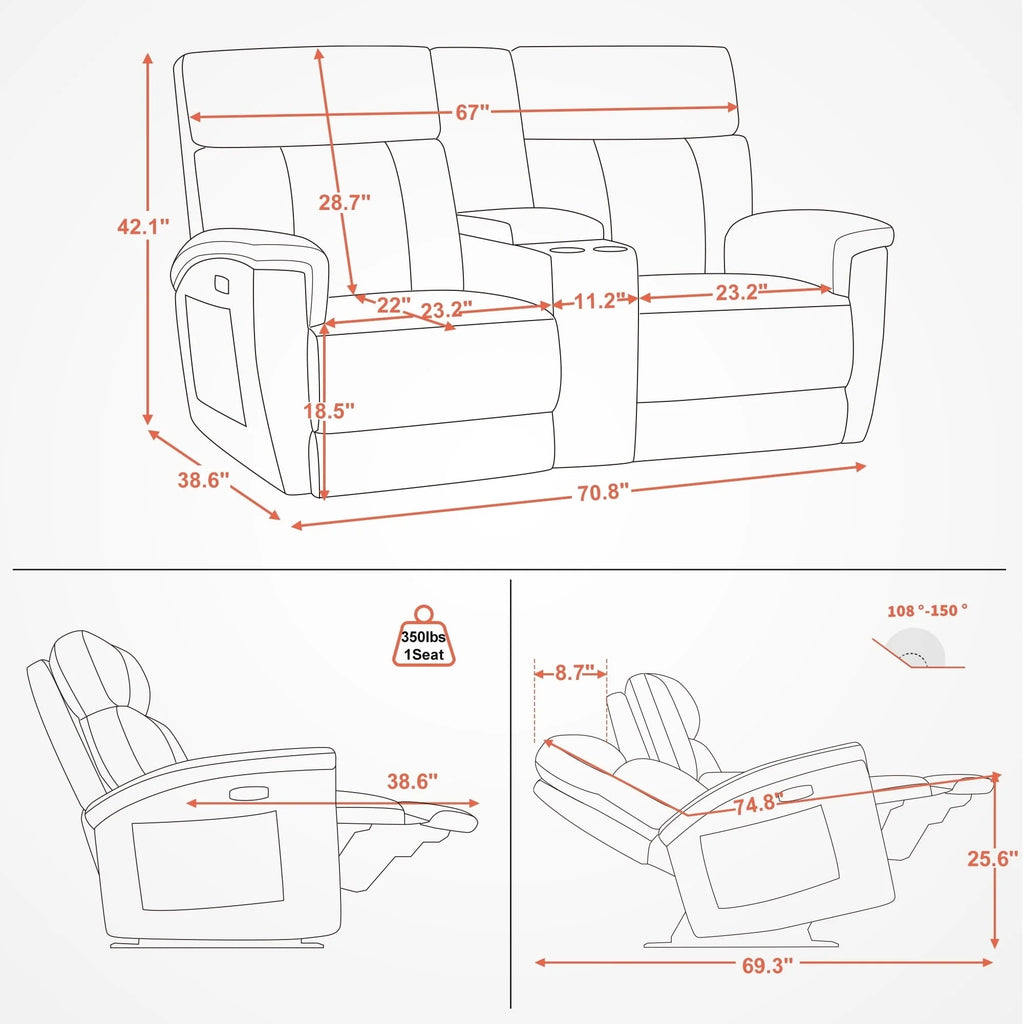 Canapé inclinable électrique MCombo 60,2 po avec massage et double chauffage, appuie-tête réglable, ports USB et Type C, tissu