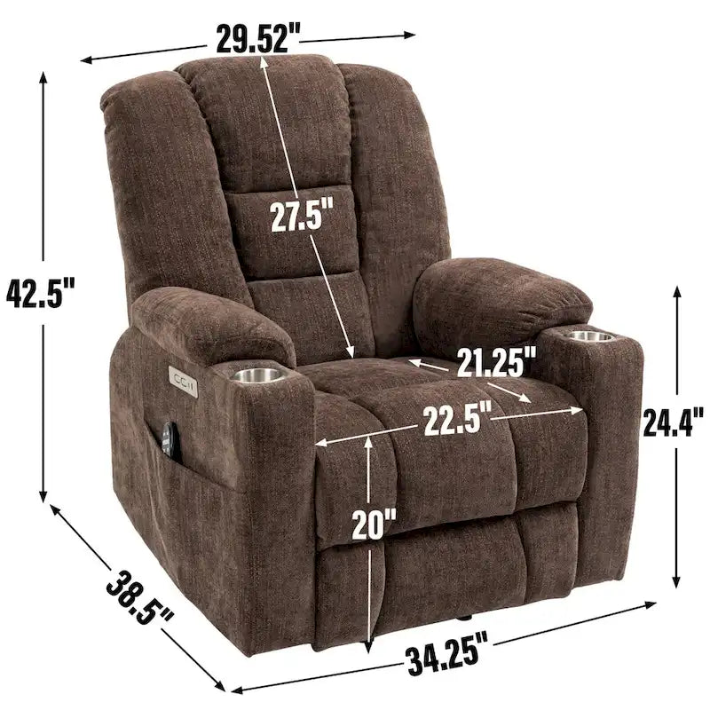Fauteuil inclinable Power Lift avec massage et chaleur, fauteuils inclinables larges et rembourrés Lazy Boy avec ports USB, Type C et 2 porte-gobelets en acier