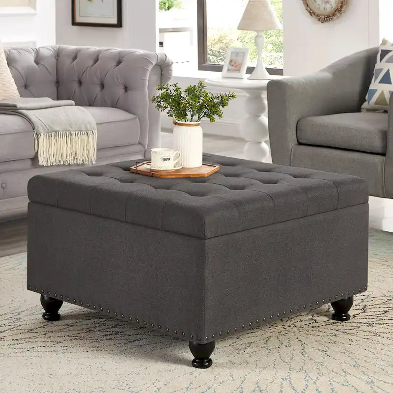 Grand pouf de rangement carré avec pieds en bois