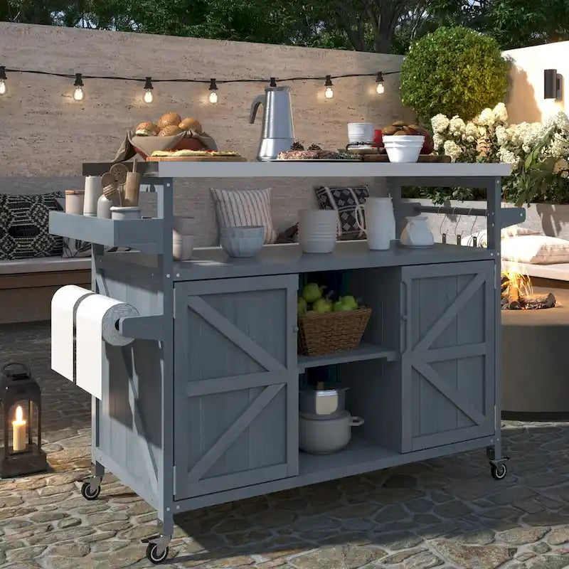 Îlot de cuisine extérieur, chariot de bar roulant et meuble de rangement, table de grillade en bois massif avec plateau en acier inoxydable, porte-épices, porte-serviettes