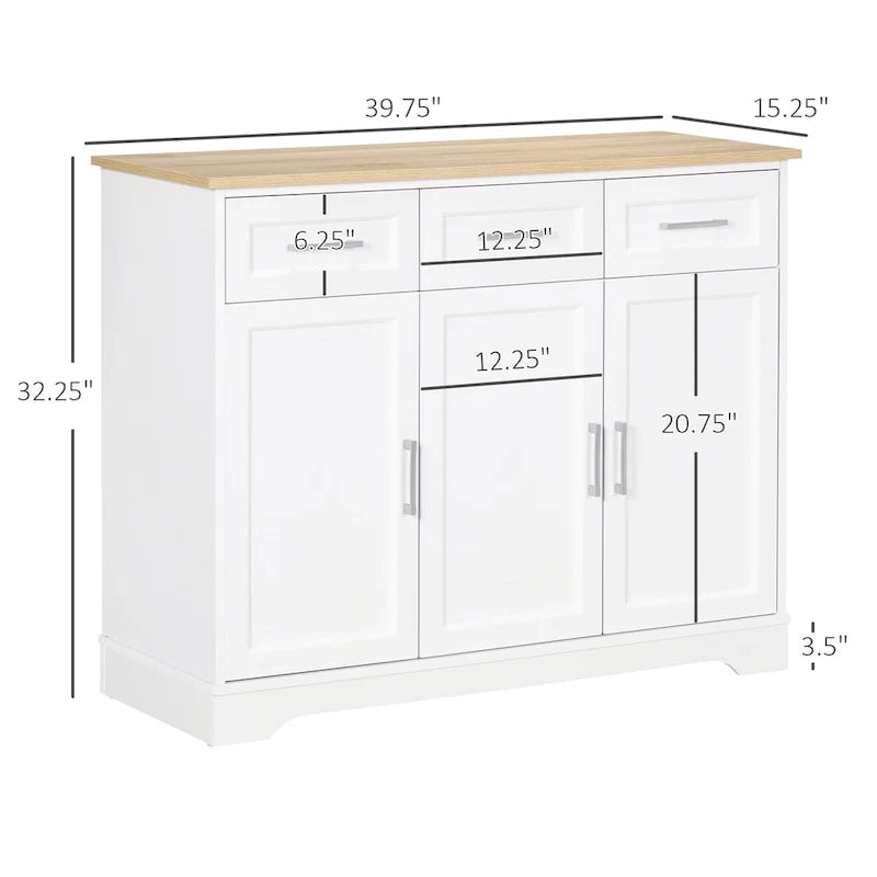 Meuble de Rangement Buffet de Cuisine Blanc avec 3 Tiroirs et Étagère Réglable