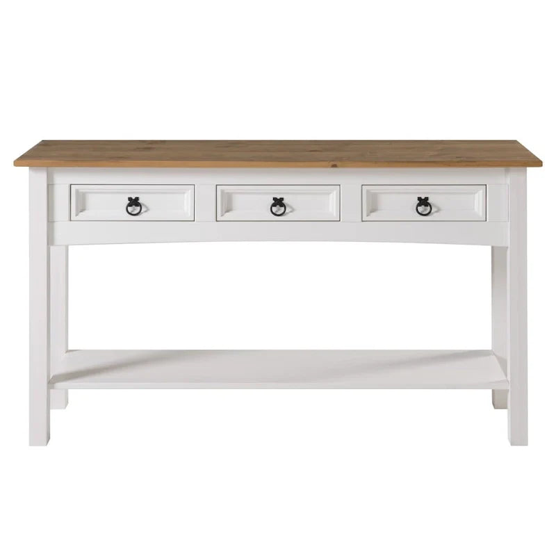 Console de couloir rustique en pin massif, blanc cérusé / marron antique / gris cérusé / non peinte, 3 tiroirs