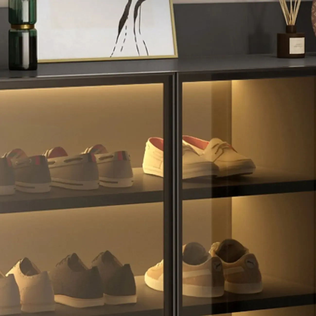 Meuble à chaussures éclairé par LED avec étagères réglables Portes transparentes