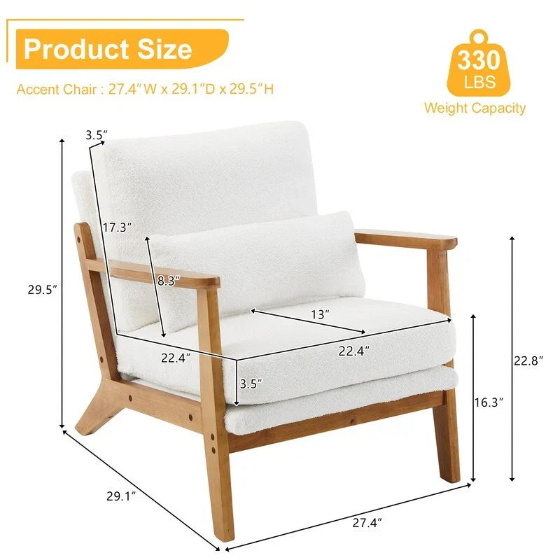 Fauteuil d'appoint rembourré en mélange de lin avec pieds en bois et un oreiller beige