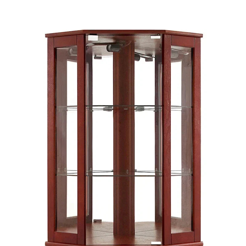 Vitrine d'angle à 6 étagères avec lumières, miroirs et étagères réglables, merisier