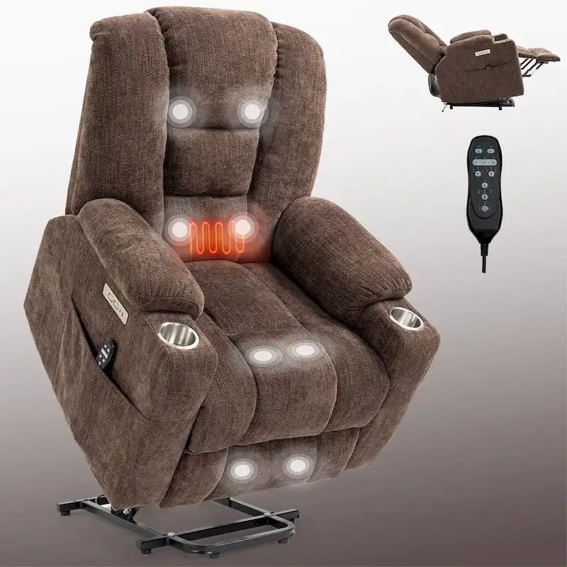 Fauteuil inclinable Power Lift avec massage et chaleur, fauteuils inclinables larges et rembourrés Lazy Boy avec ports USB, Type C et 2 porte-gobelets en acier