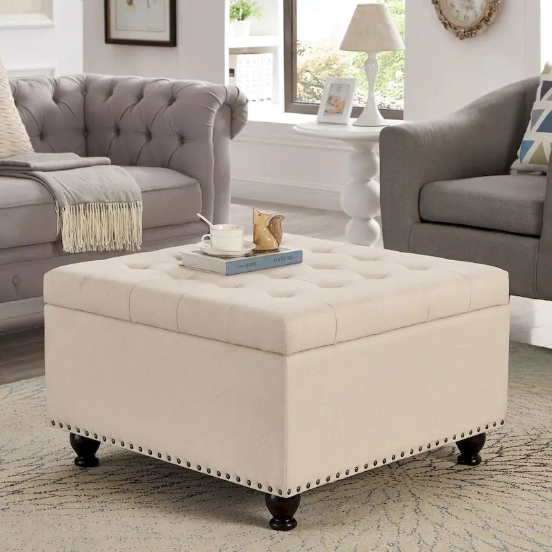 Grand pouf de rangement carré avec pieds en bois