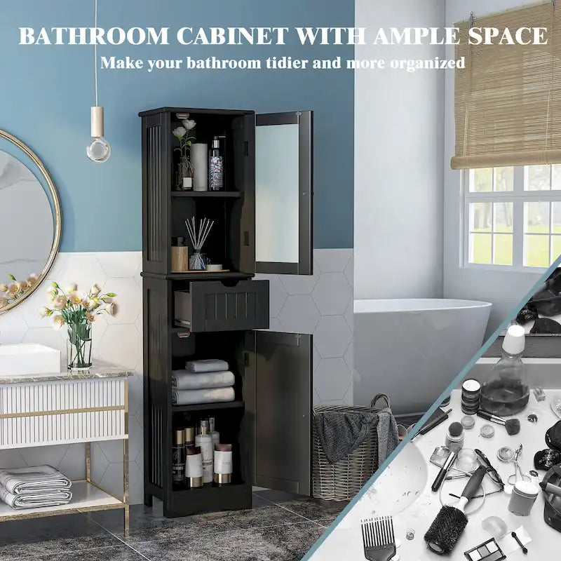 Colonne de salle de bain haute sur pied avec portes et tiroir