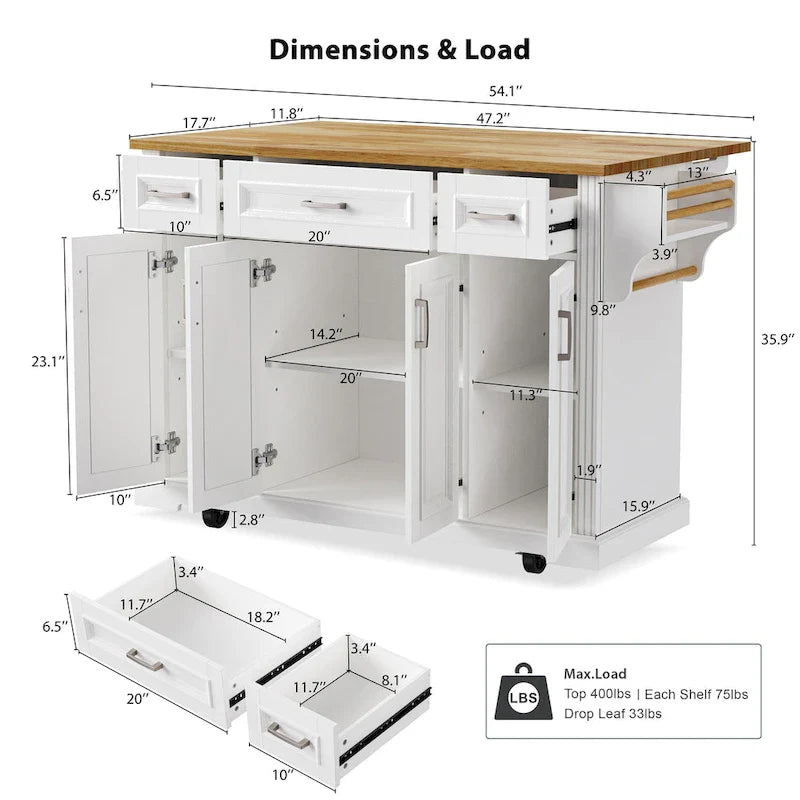 Grand îlot de cuisine avec rabat en bois, desserte de cuisine roulante texturée en relief avec portes et tiroirs avec rangement pour la cuisine, blanc