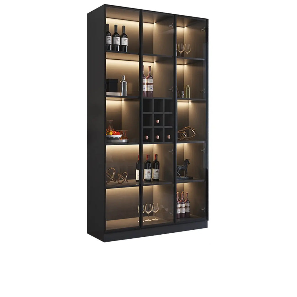 Meuble de rangement à vin minimaliste en bois noir avec porte vitrée