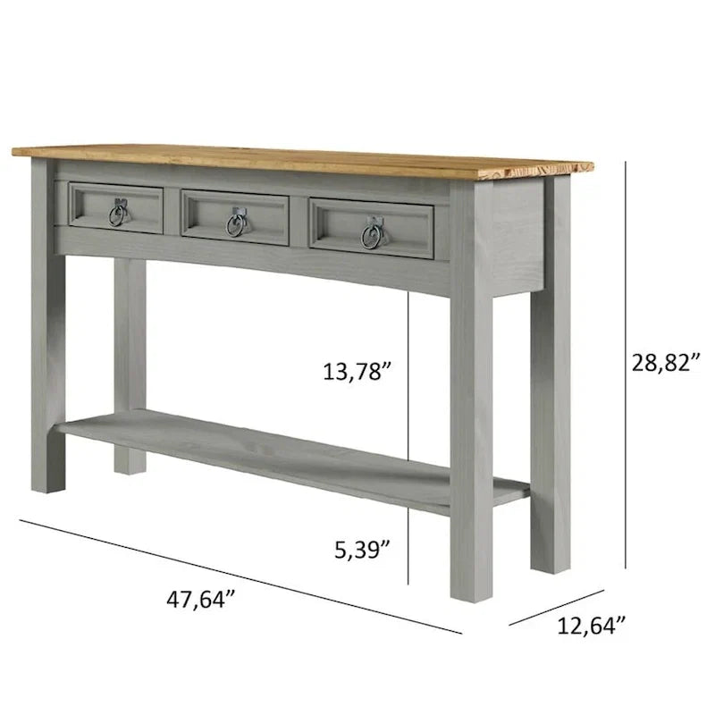 Console de couloir rustique en pin massif, blanc cérusé / marron antique / gris cérusé / non peinte, 3 tiroirs