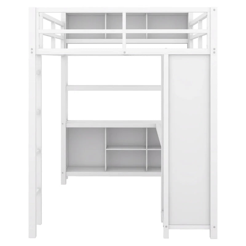 Lit mezzanine en métal blanc cassé avec bureau et armoire - Grand lit