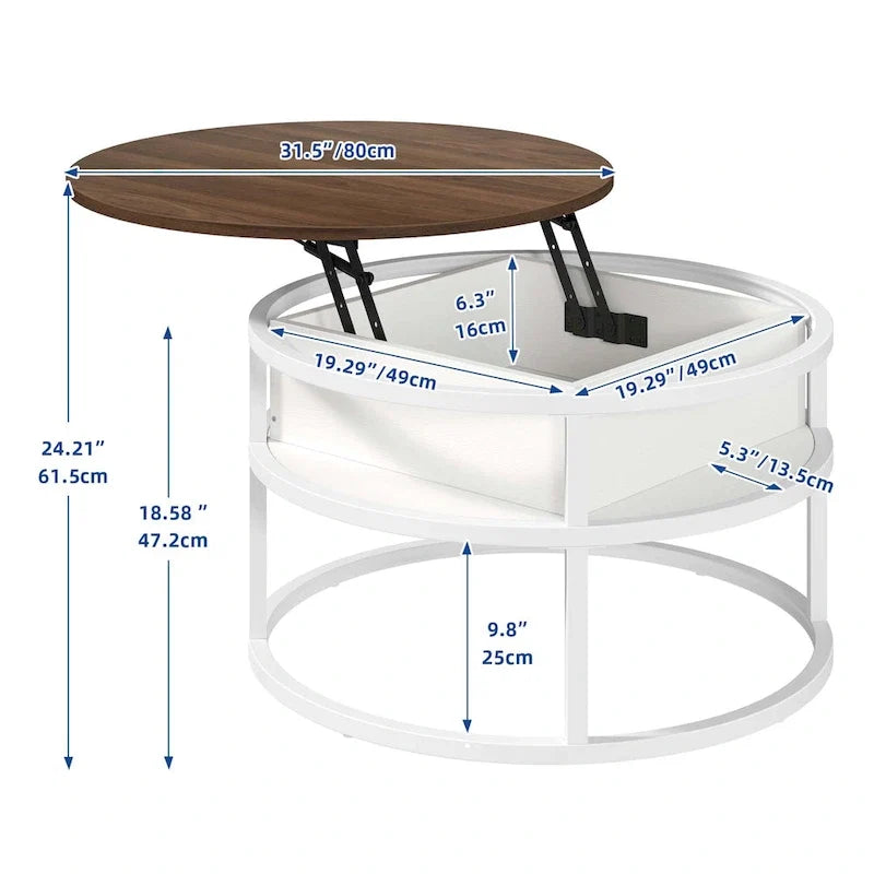 Table basse ronde relevable Moasis Farmhouse avec rangement dissimulé et étagère