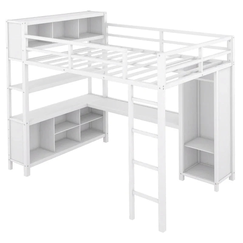 Lit mezzanine en métal blanc cassé avec bureau et armoire - Grand lit