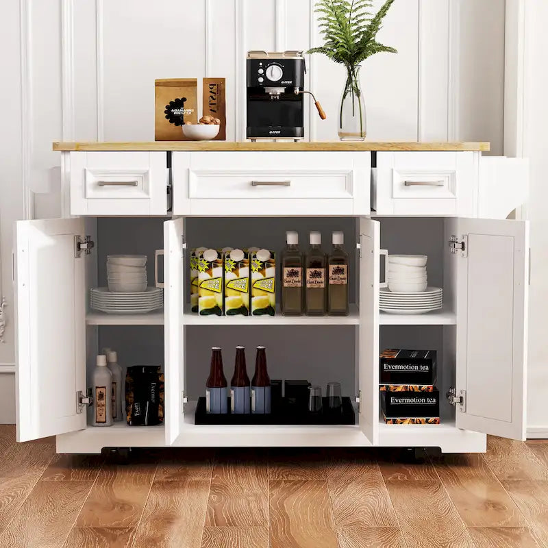 Grand îlot de cuisine avec rabat en bois, desserte de cuisine roulante texturée en relief avec portes et tiroirs avec rangement pour la cuisine, blanc