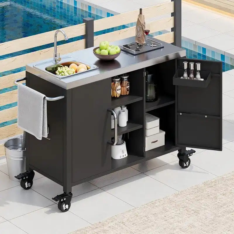 Dessin d'îlot de cuisine extérieure avec évier, station d'évier de chariot de bar extérieur avec 4 roues verrouillables