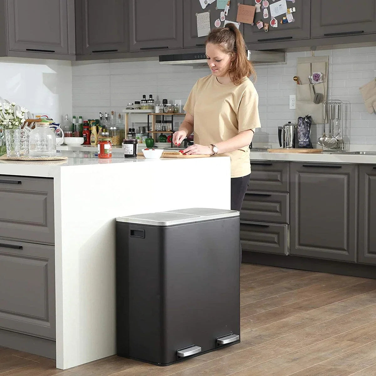 SONGMICS Poubelle double, 60L, en acier inoxydable, noire