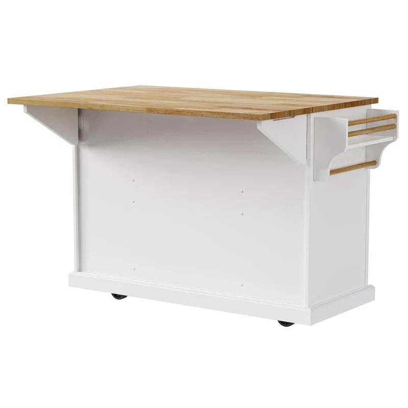 Grand îlot de cuisine avec rabat en bois, desserte de cuisine roulante texturée en relief avec portes et tiroirs avec rangement pour la cuisine, blanc