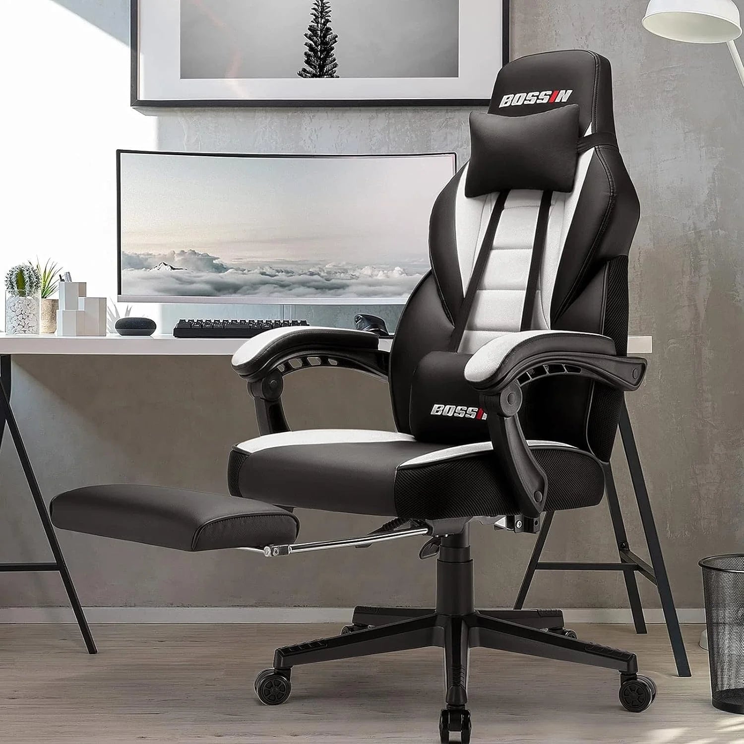 Chaise de jeu style course BOSSIN, fauteuil gamer grande taille 300 lb, chaise d'ordinateur à dossier haut