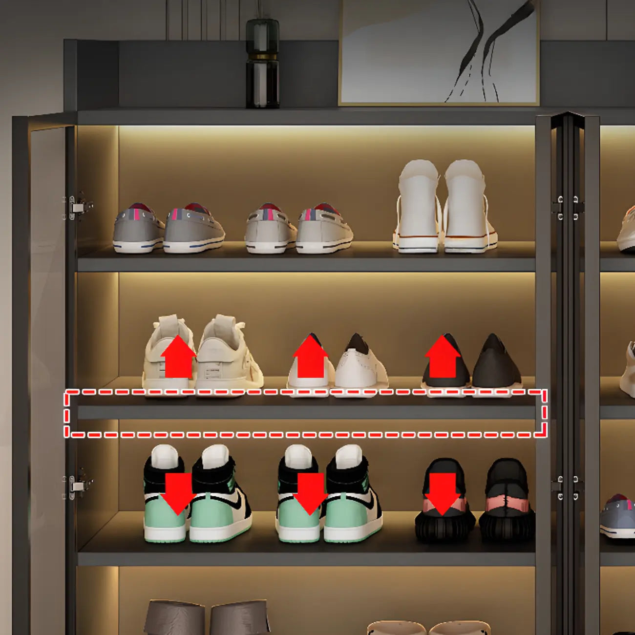 Meuble à chaussures éclairé par LED avec étagères réglables Portes transparentes