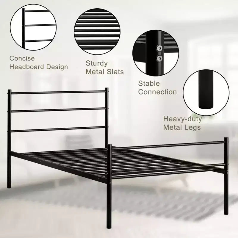 Cadre de lit métallique double plate-forme pour matelas avec tête de lit noir