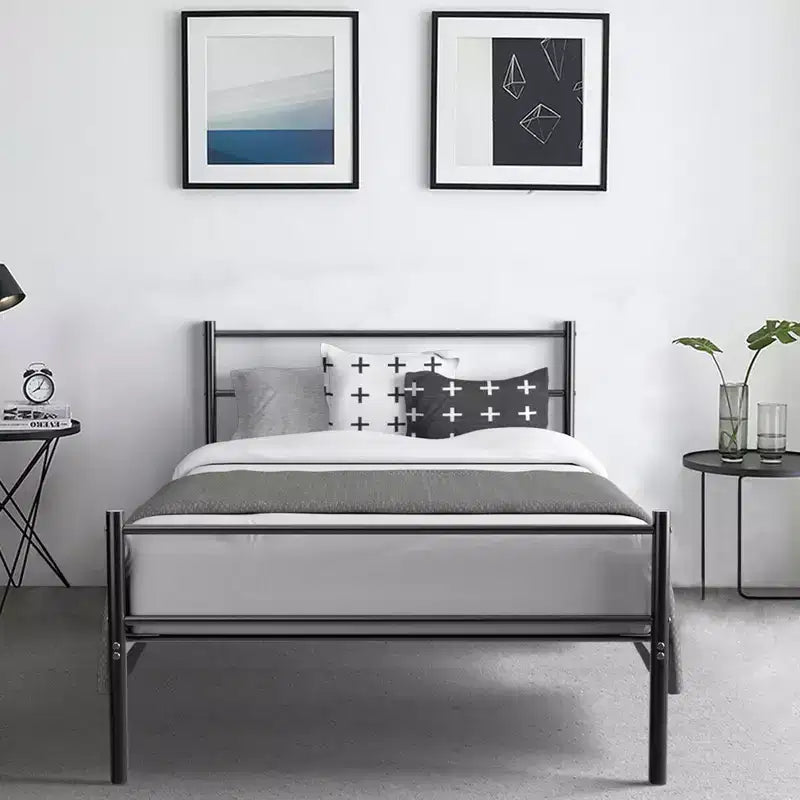 Cadre de lit métallique double plate-forme pour matelas avec tête de lit noir