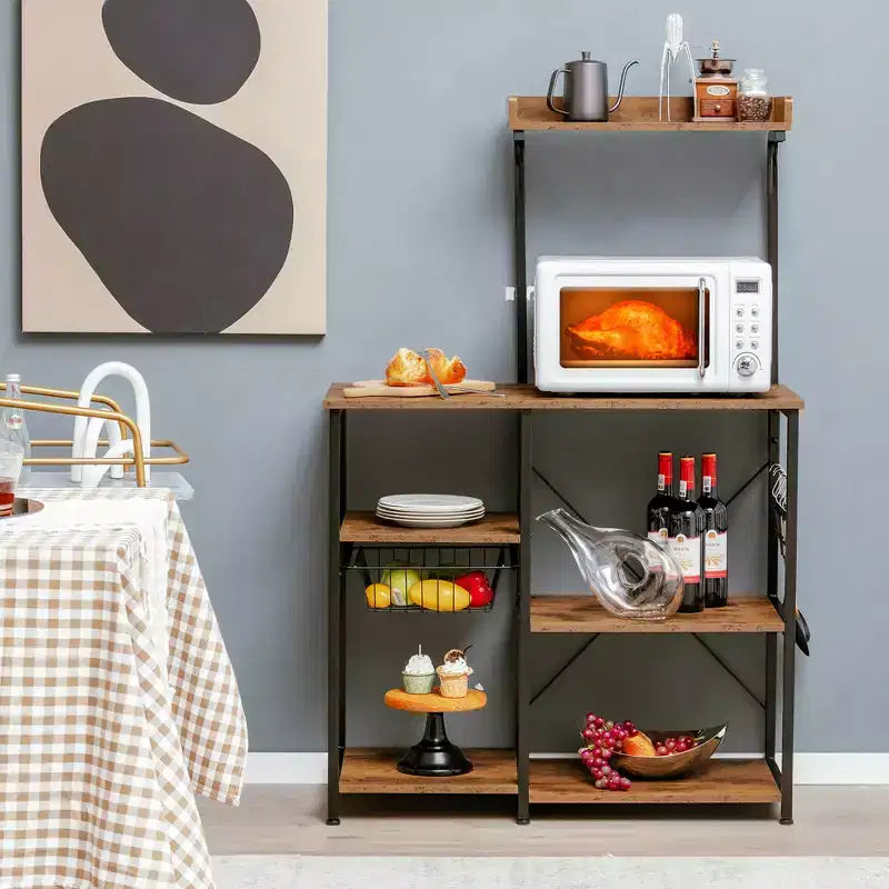 Étagère de cuisine vintage à 4 niveaux avec panier et 5 crochets pour micro-ondes