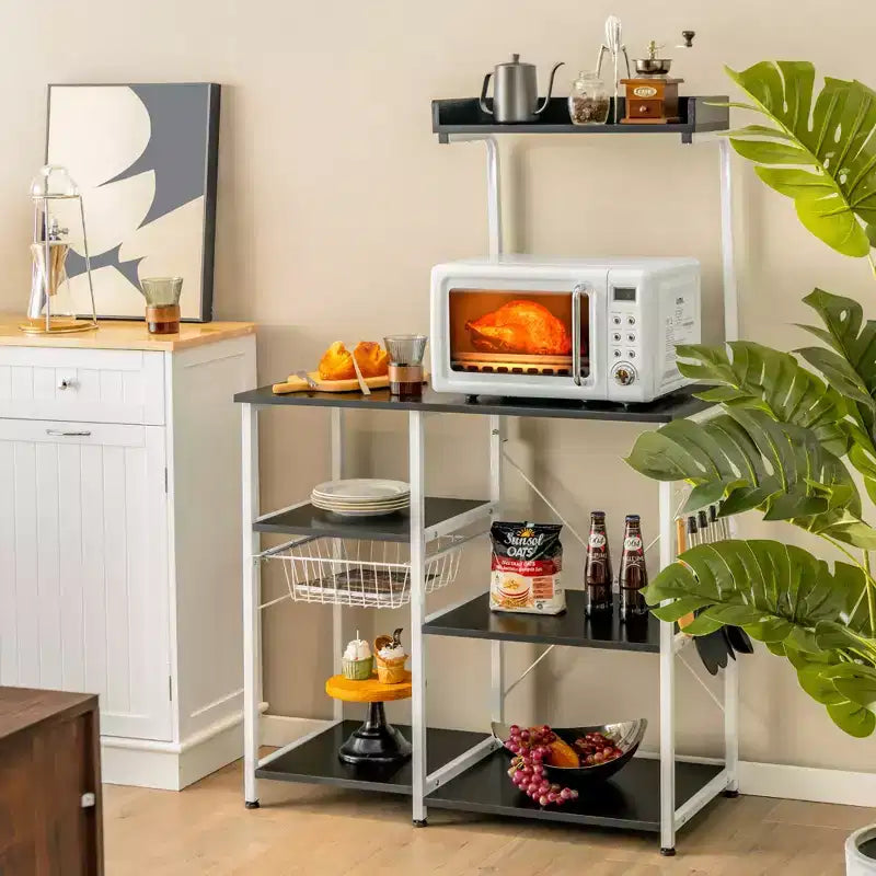 Étagère de cuisine vintage à 4 niveaux avec panier et 5 crochets pour micro-ondes