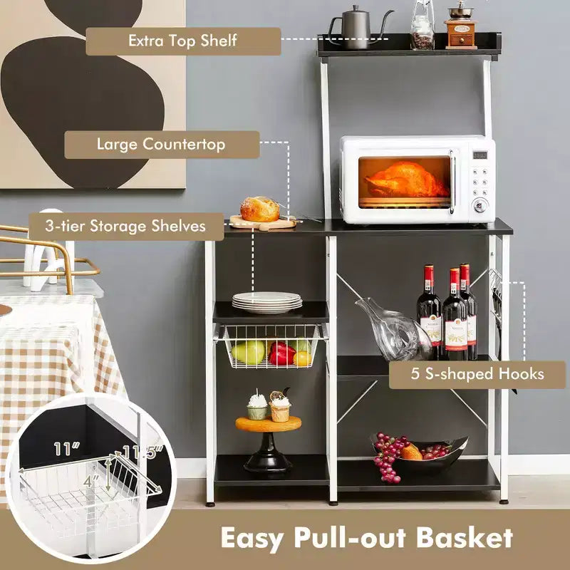 Étagère de cuisine vintage à 4 niveaux avec panier et 5 crochets pour micro-ondes
