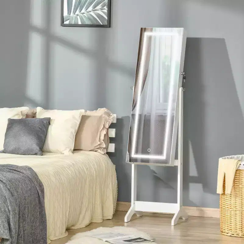 Meuble à bijoux sur pied avec éclairage LED et miroir pleine longueur