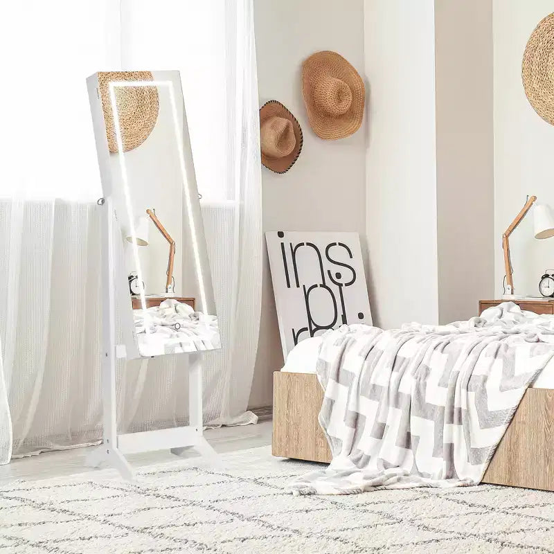 Meuble à bijoux sur pied avec éclairage LED et miroir pleine longueur