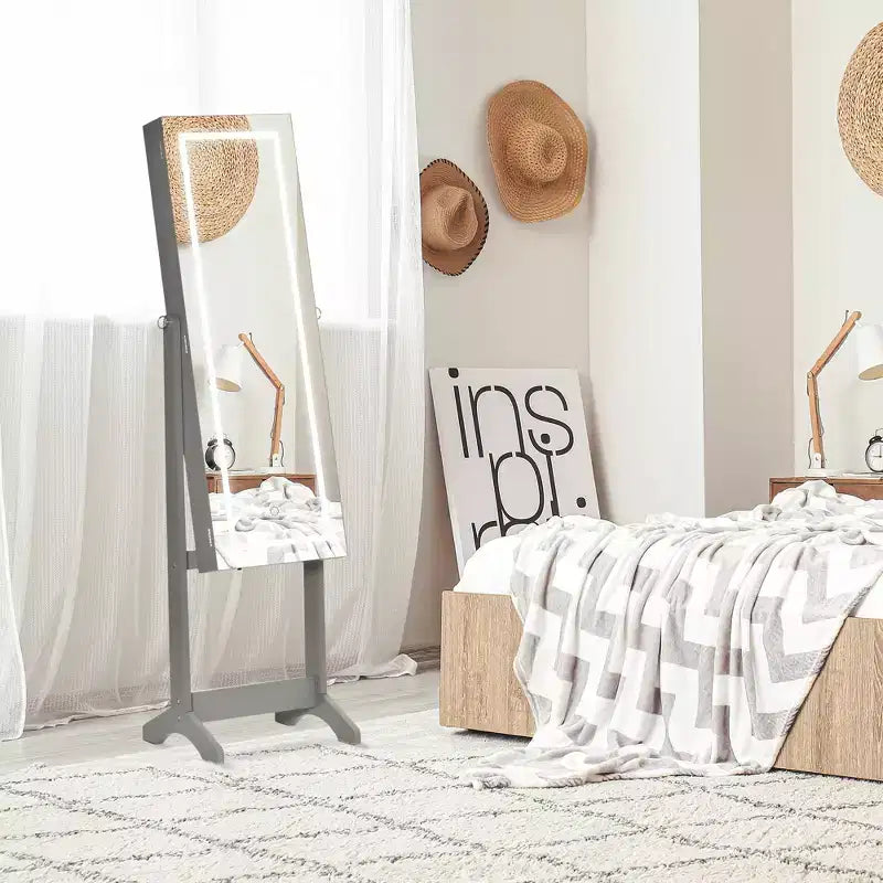 Meuble à bijoux sur pied avec éclairage LED et miroir pleine longueur