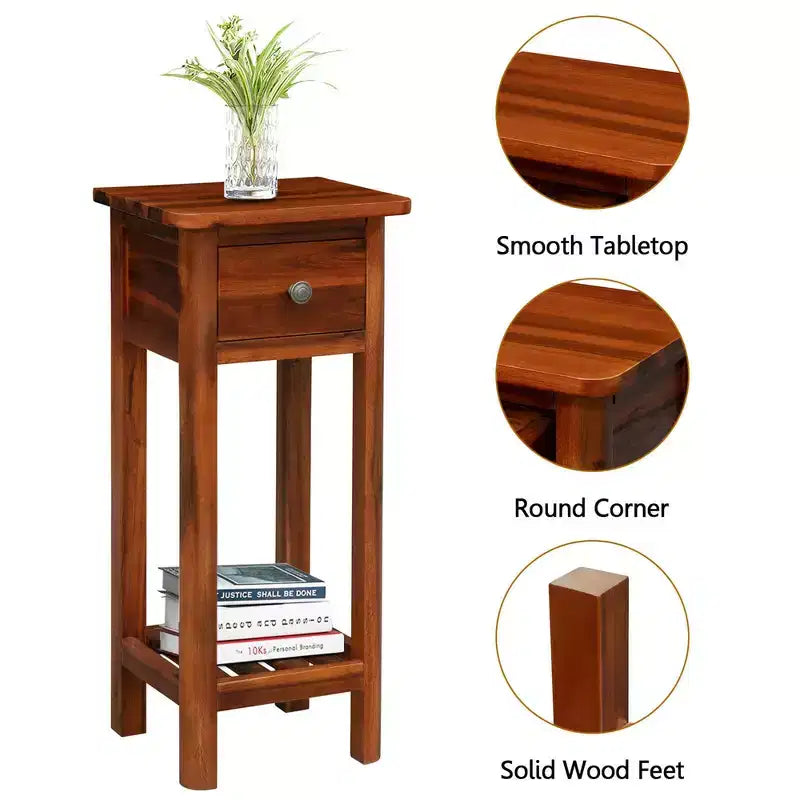 Table de chevet 2 PCS en bois massif avec plateau en acacia, tiroir et étagère ouverte - Petite table de nuit