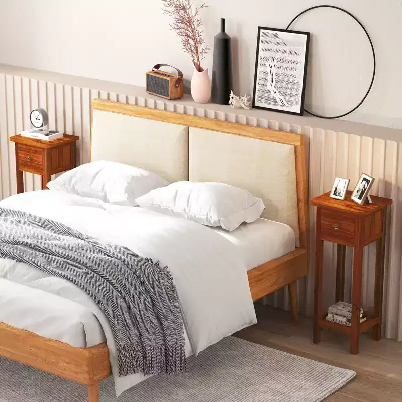 Table de chevet 2 PCS en bois massif avec plateau en acacia, tiroir et étagère ouverte - Petite table de nuit