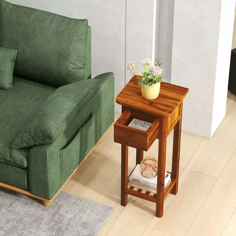 Table de chevet 2 PCS en bois massif avec plateau en acacia, tiroir et étagère ouverte - Petite table de nuit