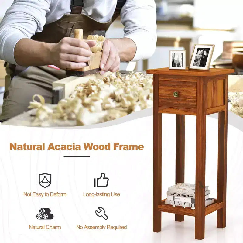 Table de chevet 2 PCS en bois massif avec plateau en acacia, tiroir et étagère ouverte - Petite table de nuit