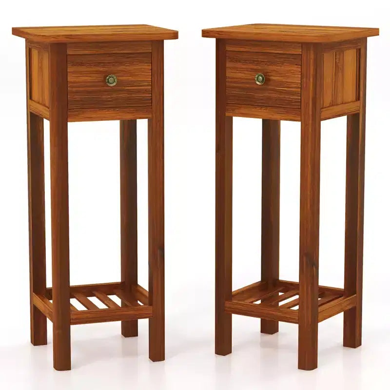 Table de chevet 2 PCS en bois massif avec plateau en acacia, tiroir et étagère ouverte - Petite table de nuit