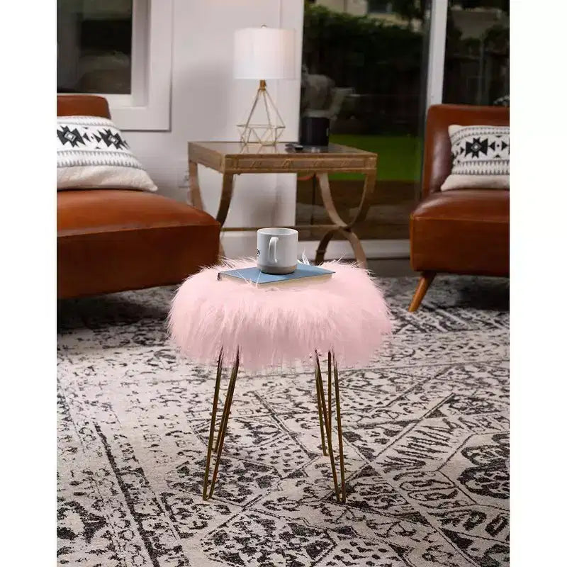 Repose-pieds/Ottoman rond en fausse fourrure - Rose avec pieds dorés pâles