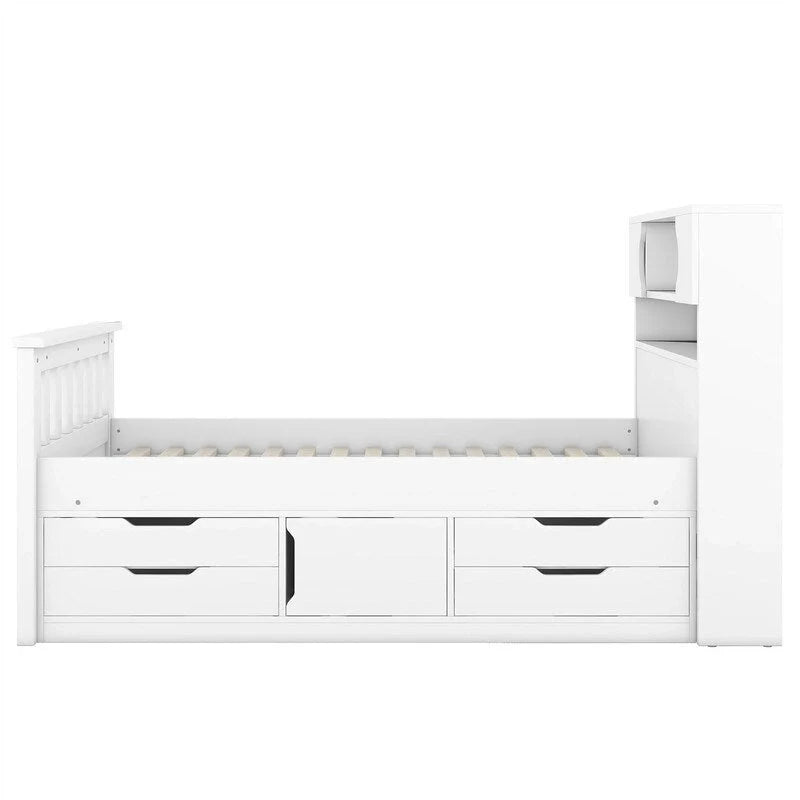 Lit plateforme capitaine double/grand avec 4 tiroirs et étagères de rangement, cadre de lit en bois massif avec tête de lit bibliothèque de rangement